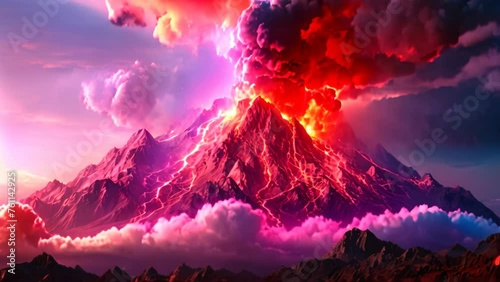 Volcanic eruption in the mountains at sunset. 3D rendering, Volcanic Mountain In Eruption - 3D rendering, AI Generated photo