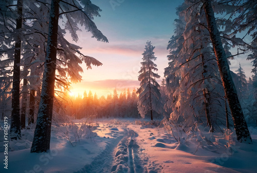 Mystical Scandinavian winter forest at sunset in Karelia. Large view image landscape with trees, blue sky with clouds, amazing view. Background of seasonal Finland winter. Copy space