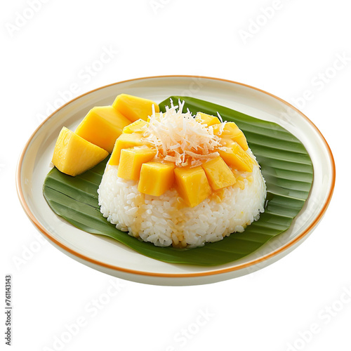  front view of Khao Niew Mamuang (mango sticky rice) with sweet coconut milk drizzle, served on a traditional Thai dessert plate, food photography style isolated on a white background