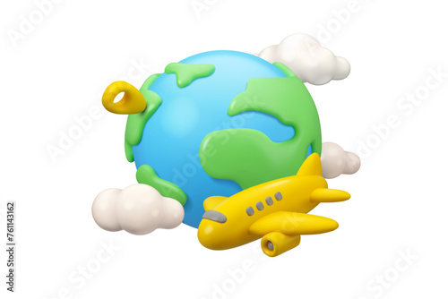 Around the world travel vector 3d icon. Cute cartoon airplane trip concept, flight tour web banner design. Global tourism idea