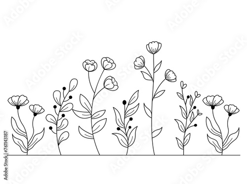 Hand-drawn wild flowers sketch set isolated on white background. Spring herbal design. Black Silhouettes Of Grass, Flowers And Herbs.