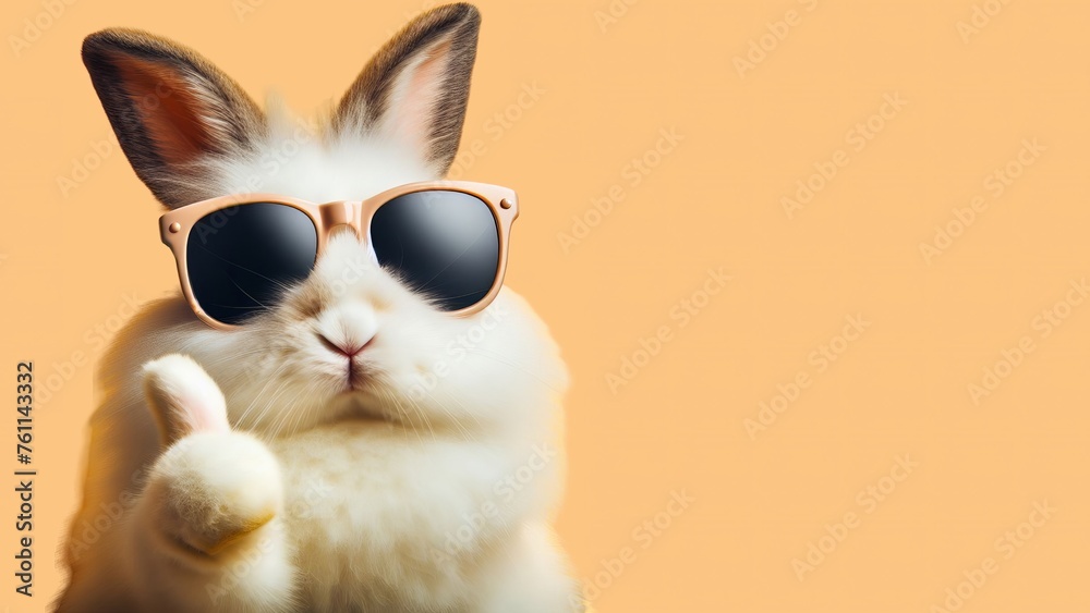 Funny easter animal pet - Easter bunny rabbit with sunglasses, giving thumb up, isolated on orange pastel background Funny easter animal pet - Easter bunny rabbit with sunglasses, giving thumb up, isolated on orange pastel background