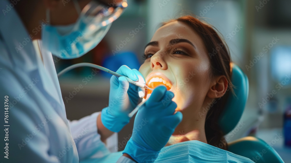 A female patient undergoes a dental procedure with a dentist using tools under bright light. A female patient undergoes a dental procedure with a dentist using tools under bright light.