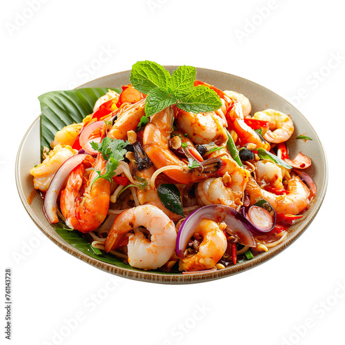  front view of Pad Ped Talay (spicy seafood stir-fry) with a variety of seafood and Thai herbs, served on a traditional Thai wok, food photography style isolated on a white background