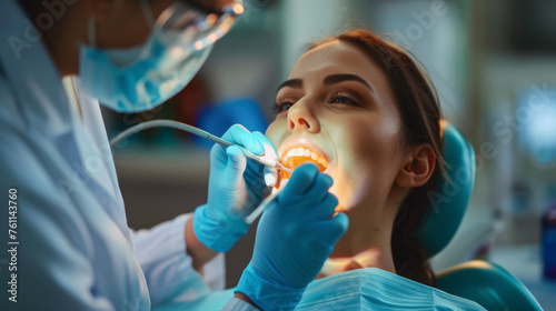 A female patient undergoes a dental procedure with a dentist using tools under bright light.