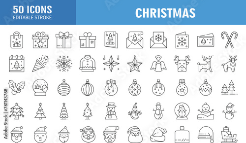 Set of 50 christmas outline icons. Holiday symbol. Line Xmas icons collection. Editable stroke