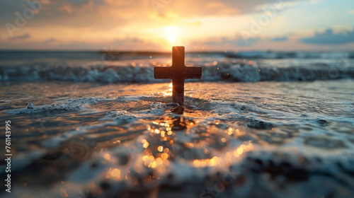 A solitary wooden cross stands amidst gentle waves, illuminated by the warm glow of a setting sun.