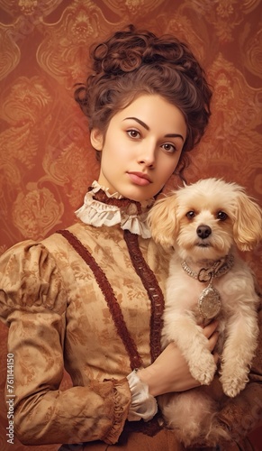 Regal Woman in Vintage Attire Holding a Small Dog, Classic Portrait with Ornate Background