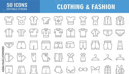 Clothing line icon set. Dress, polo t-shirt, jeans, winter coat, jacket pants, skirt minimal vector illustrations. Simple outline signs for fashion application.