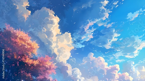 Un hermoso cielo de anime con nubes esponjosas en varios tonos de azul rosado y púrpura
 photo