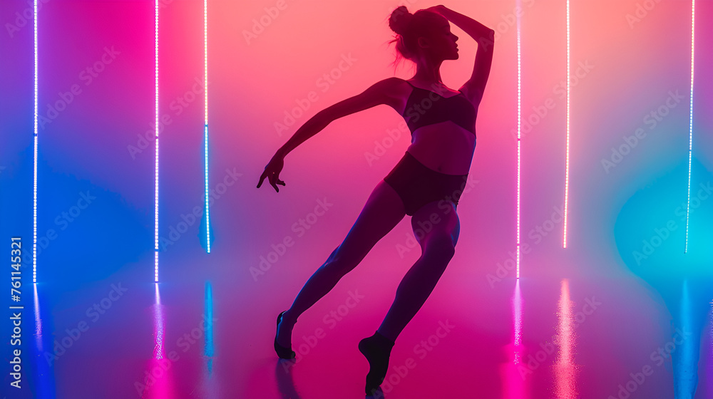 teenage girl in a tight black costume dances as a model, generative Ai