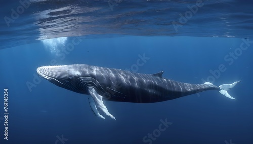 A Blue Whale Swimming Gracefully Through A School © Maha