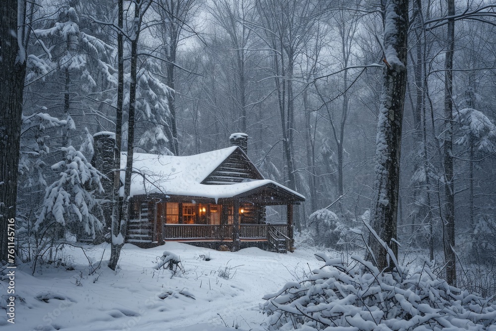 A cabin nestled in a snowy forest, surrounded by trees and covered in a thick blanket of snow, A secluded cabin tucked away in woods with snowstorm swirling around, AI Generated