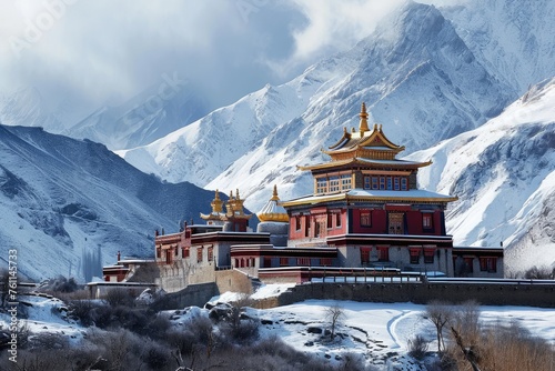 A large building stands prominently in the midst of a snow-covered mountain  showcasing the beautiful blending of nature and architecture  A secluded monastery in the Tibetan mountains  AI Generated