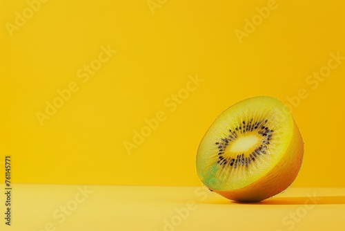 Kiwi Fruit Halves on Yellow Background photo