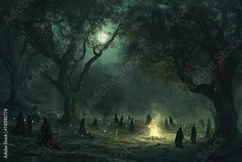 A group of people stand together in the midst of a dense forest, surrounded by towering trees and lush greenery, A secret witches' coven gathering in a moonlit forest, AI Generated photo