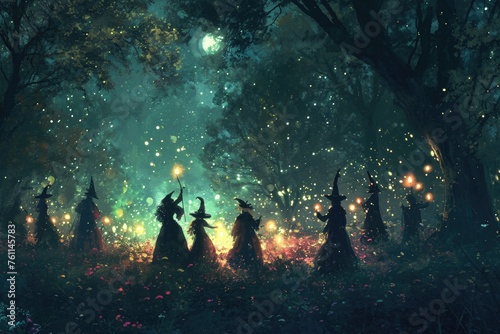 A group of witches wearing dark robes and holding brooms stand together in a dense forest, A secret witches' coven gathering in a moonlit forest, AI Generated photo