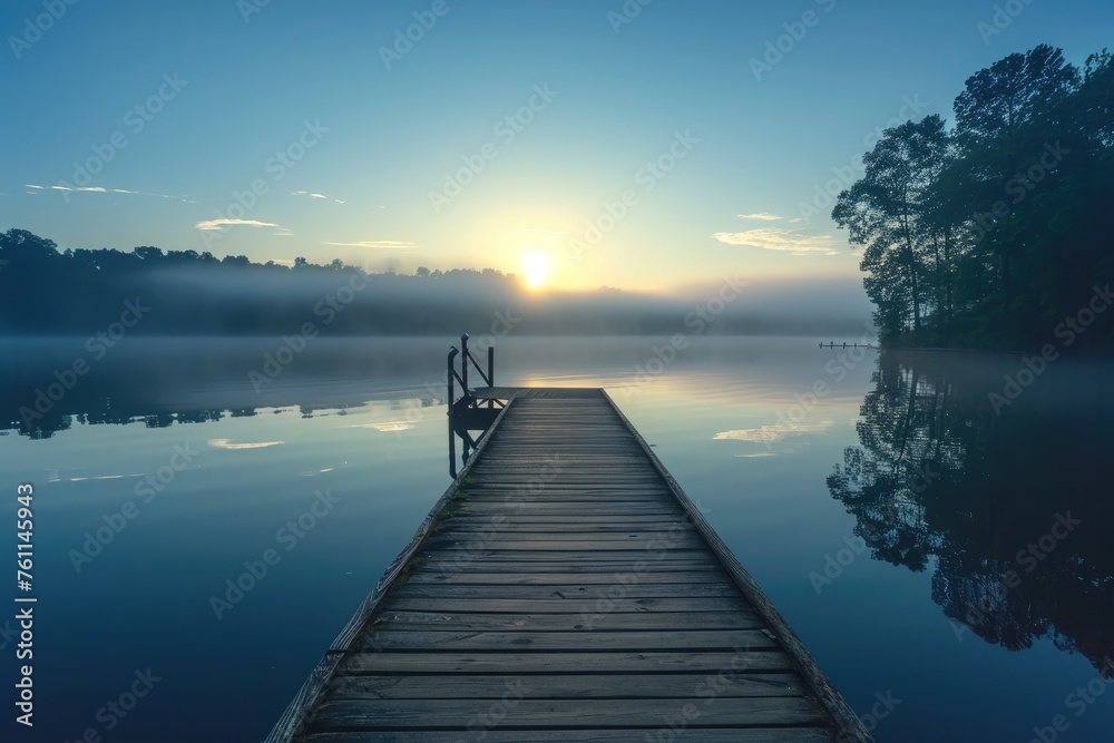 A dock built on stilts is seen sitting in the water as sailboats are nearby, A serene and peaceful waterfront setting for a meditation podcast, AI Generated