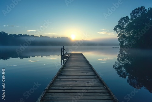 A dock built on stilts is seen sitting in the water as sailboats are nearby, A serene and peaceful waterfront setting for a meditation podcast, AI Generated photo
