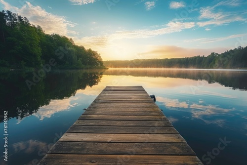 A wooden dock stretches over the calm waters of a picturesque lake, surrounded by vibrant green trees and foliage, A serene and peaceful waterfront setting for a meditation podcast, AI Generated