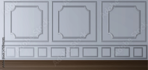 Wall with white classic decoration panel and wood floor. House or museum room interior with victorian style moulding frames. Realistic vector illustration of traditional elegant molding plaster decor.