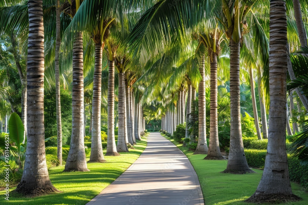 A pathway surrounded by tall palm trees on a sunny day, creating a shaded walkway, A serene view of an alley of palm trees in a tropical park, AI Generated