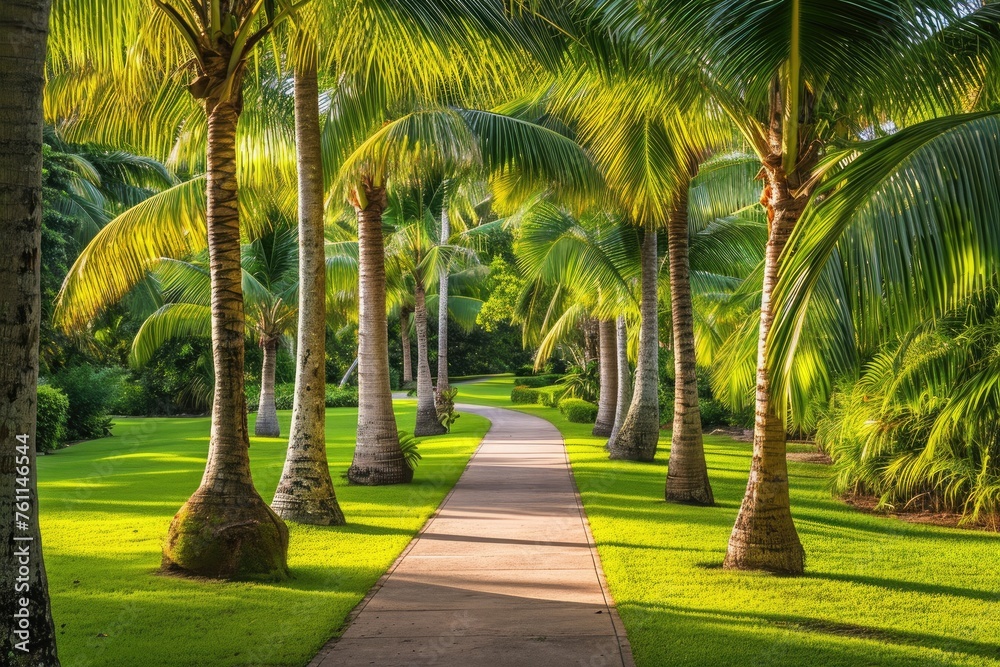 Lush palm trees gracefully line a pathway, creating a picturesque scene in a vibrant tropical park, A serene view of an alley of palm trees in a tropical park, AI Generated Lush palm trees gracefully line a pathway, creating a picturesque scene in a vibrant tropical park, A serene view of an alley of palm trees in a tropical park, AI Generated