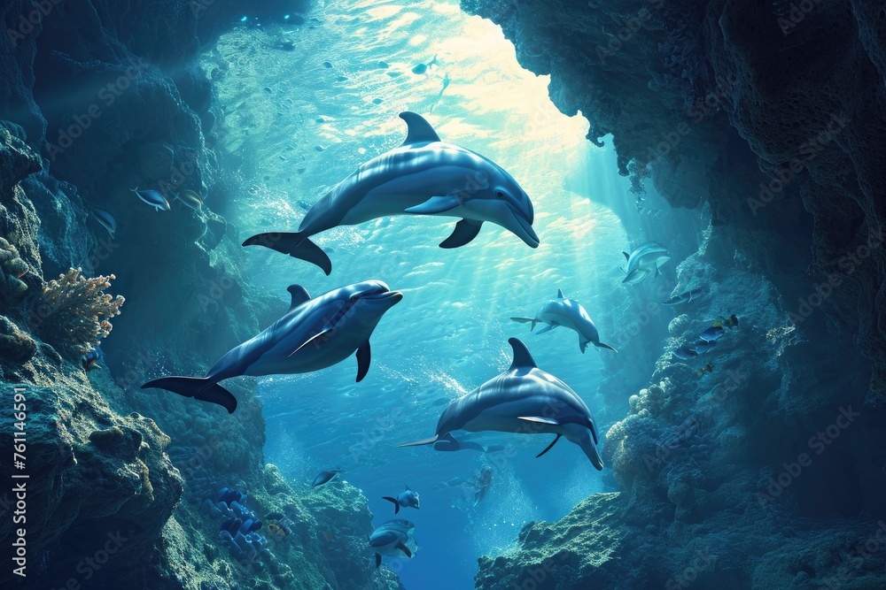 A pod of dolphins gracefully swim through the vibrant blue waters of a coastal cave, A series of dolphins playfully swimming between the underwater canyons, AI Generated