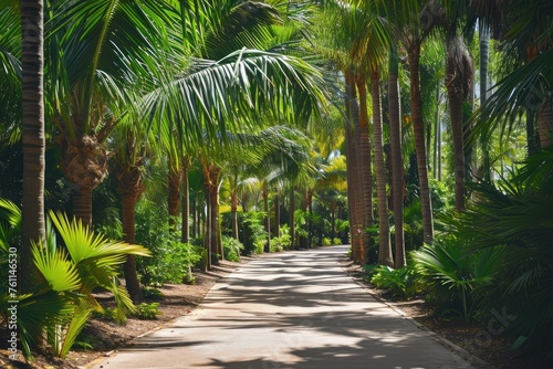 A straight pathway, flanked by tall palm trees, winding through a park area, A serene view of an alley of palm trees in a tropical park, AI Generated © Iftikhar alam