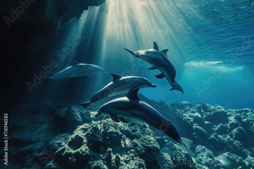 A pod of dolphins swimming together in the ocean, showcasing their synchronized movements and playful behavior, A series of dolphins playfully swimming between the underwater canyons, AI Generated