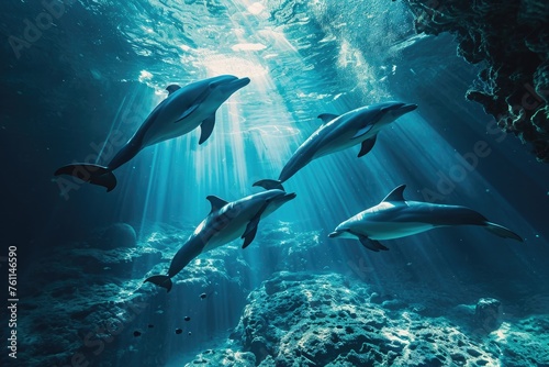 A pod of dolphins gracefully swims through the clea  blue ocean waters  A series of dolphins playfully swimming between the underwater canyons  AI Generated