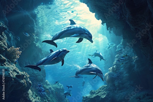A pod of dolphins gracefully swim through the vibrant blue waters of a coastal cave  A series of dolphins playfully swimming between the underwater canyons  AI Generated