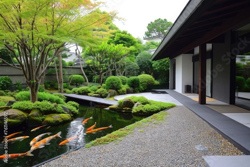 A Japanese garden with vibrant koi fish gracefully swimming in the serene water, A serene Zen garden with a minimalist aesthetic and a tranquil koi pond, AI Generated