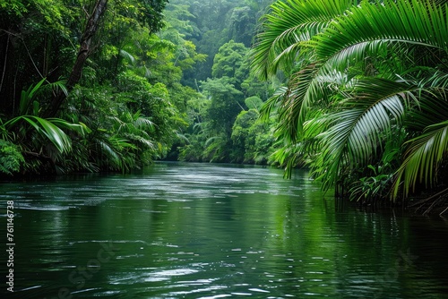 A powerful river cuts through a thick forest  surrounded by towering trees  A shimmering river lined with lush vegetation in the rainforest  AI Generated