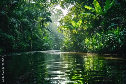 A calm and serene lake is beautifully framed by a dense forest of vibrant green trees, A shimmering river lined with lush vegetation in the rainforest, AI Generated
