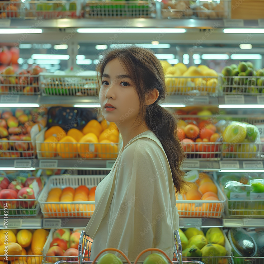 Woman buying fruit in the supermarket Surrounded by colorful vegetables, fruits, and other groceries, she walked the aisles with a shopping cart. care