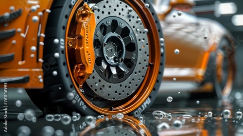 Close-up of sports car brake system with focus on large ventilated disc brake and caliper with brake pads. Concept of regularly checking and servicing a vehicle's brake system to improve reliability.