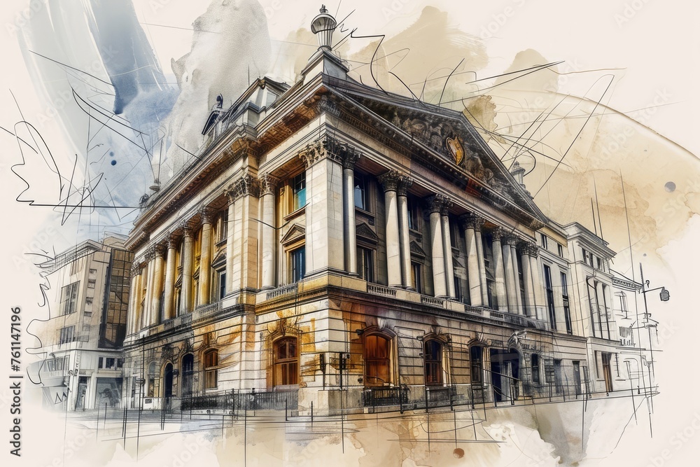A detailed hand-drawn illustration showcasing a four-story building characterized by a prominent clock tower, A sketch of a traditional stock exchange building, AI Generated