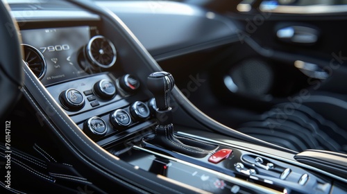 Close-up of modern luxury car interior with automatic gear shift stick and multi-function central console. Automatic transmission lever. Premium finishing: plastic, carbon and leather with stitching. © Georgii