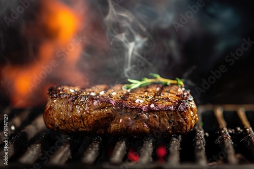 A perfectly cooked steak sizzling on a grill, emitting flavorful smoke as it sears, A sizzling steak on a barbecue grill with a smoky background, AI Generated