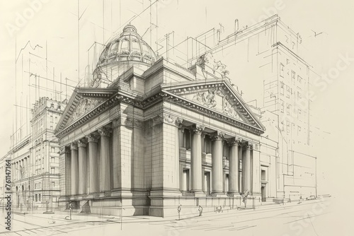 A detailed drawing of a building featuring elegant columns and a grand dome  A sketch of a traditional stock exchange building  AI Generated
