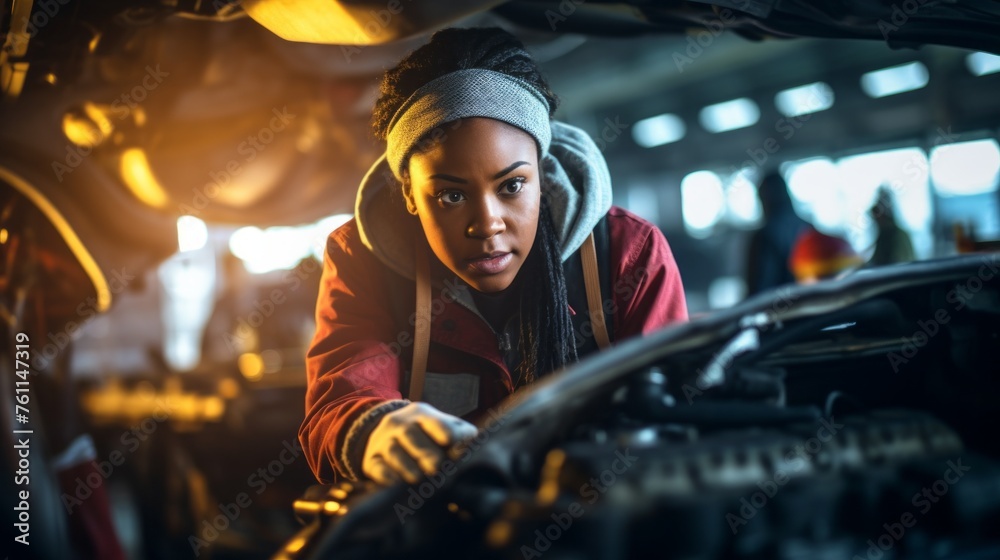 A young black woman, a professional mechanic in uniform, inspecting and repairing a car and tire at an auto repair shop in the evening. Business, Car service, maintenance concepts. A young black woman, a professional mechanic in uniform, inspecting and repairing a car and tire at an auto repair shop in the evening. Business, Car service, maintenance concepts.