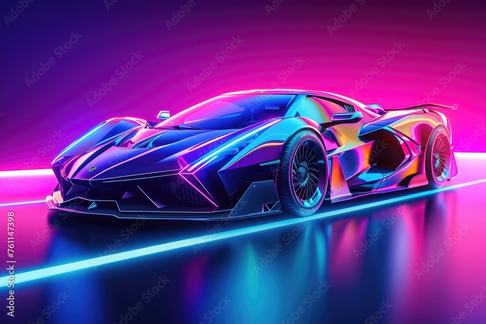 A sleek, cutting-edge car illuminated by neon lights on its sides zooms through the city streets at night, A sleek sports car in bright neon colors, AI Generated