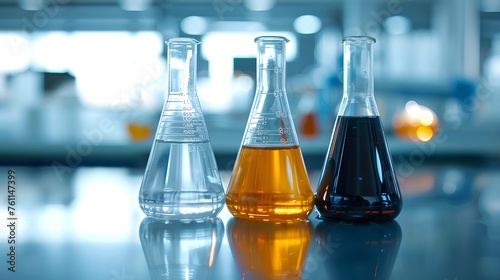 three flask of water black orange solution in science laboratory background
