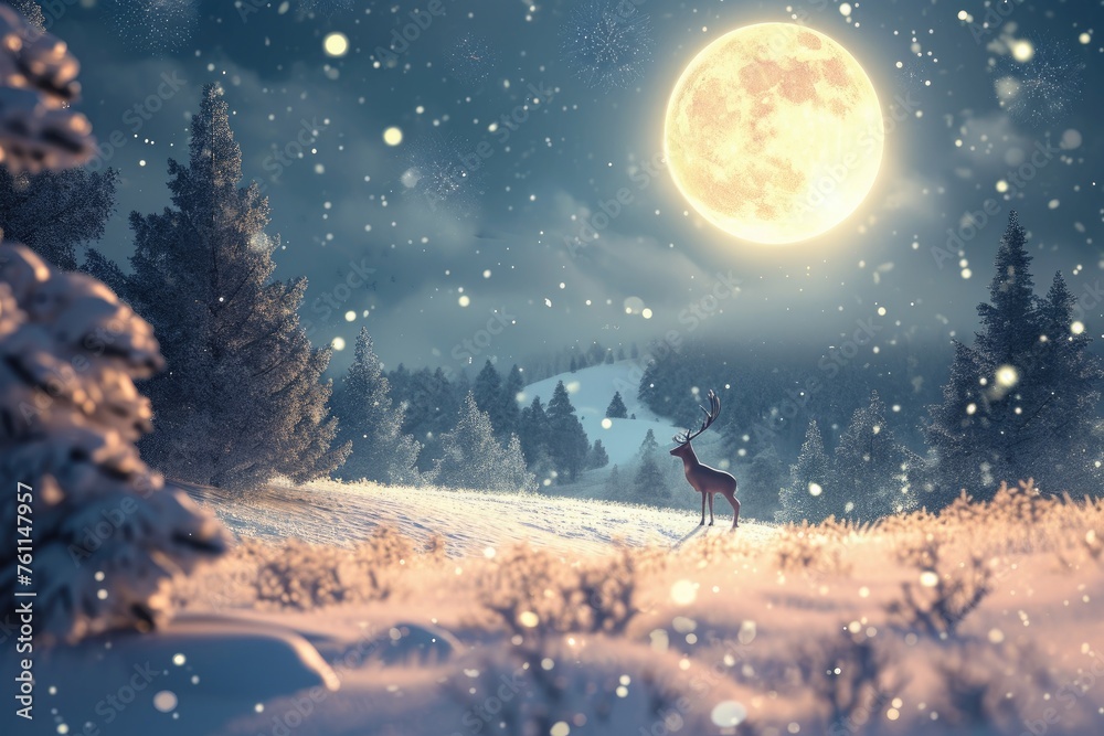 A deer stands gracefully on a snow-covered hill illuminated by the light of a full moon, A snowy Christmas Eve landscape with reindeer in the night sky, AI Generated A deer stands gracefully on a snow-covered hill illuminated by the light of a full moon, A snowy Christmas Eve landscape with reindeer in the night sky, AI Generated