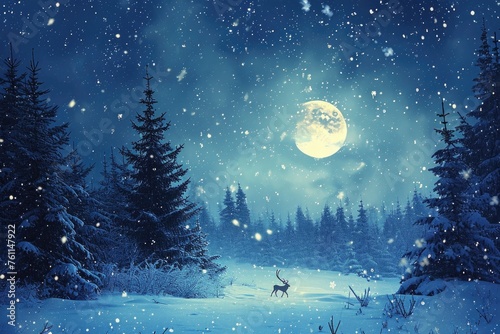 A detailed painting depicting a snowy night in a forest, with a deer standing amidst the wintry landscape, A snowy Christmas Eve landscape with reindeer in the night sky, AI Generated © Iftikhar alam