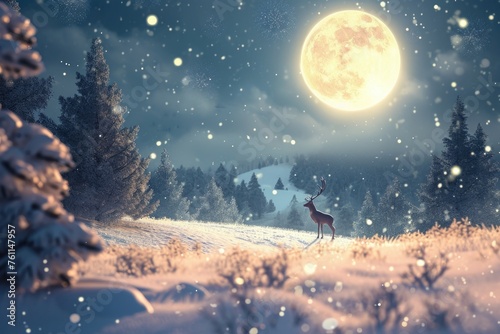 A deer stands gracefully on a snow-covered hill illuminated by the light of a full moon  A snowy Christmas Eve landscape with reindeer in the night sky  AI Generated