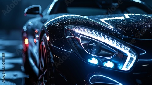 Close-up of of a modern sports car headlight. Front view of a supercar in a night city street. Shiny black car body covered with raindrops. Concept of car detailing and paint protection.