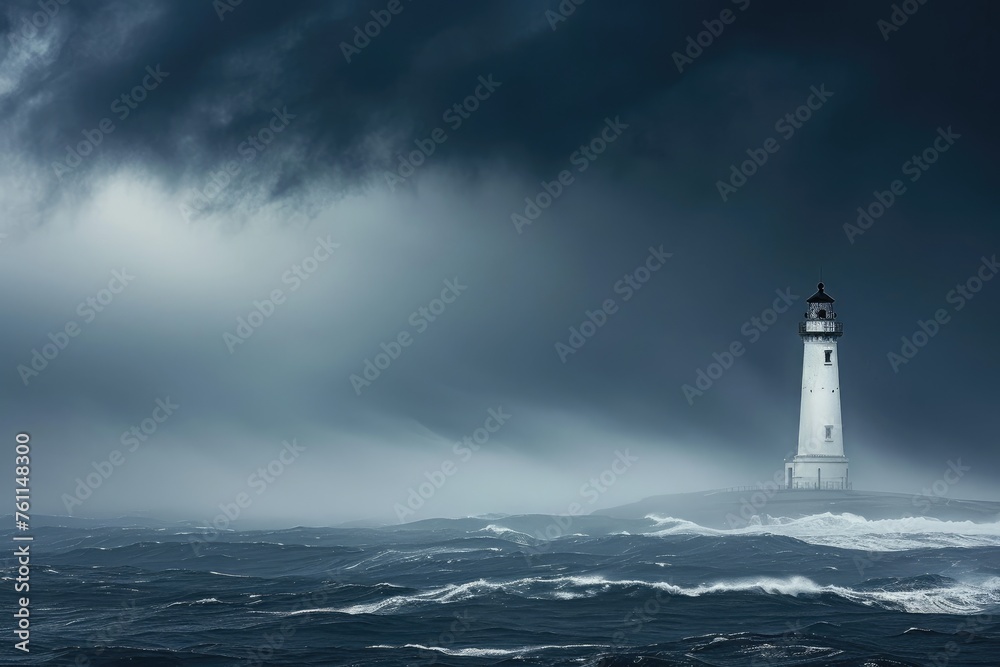 A lighthouse stands tall in the middle of the ocean, casting its light against a cloudy sky, A solitary lighthouse against a stormy sky, AI Generated