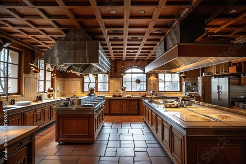 A large kitchen featuring ample counter space along with various appliances, utensils, and cookware, A spacious empty restaurant kitchen with a coffered ceiling, AI Generated © Iftikhar alam